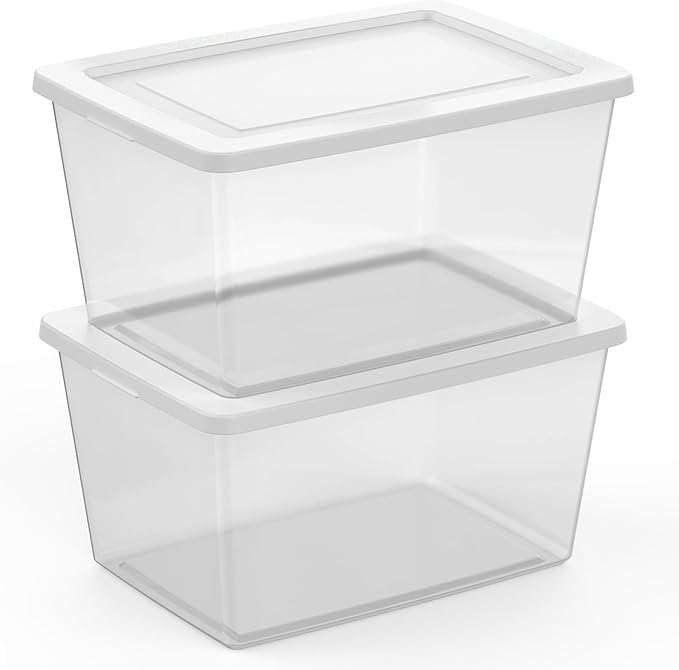 Sterilite 6 Pack Storage Boxes, Clear Plastic Stackable Containers, Lightweight Home Organizers with Snap Lids, 58 Quart, White