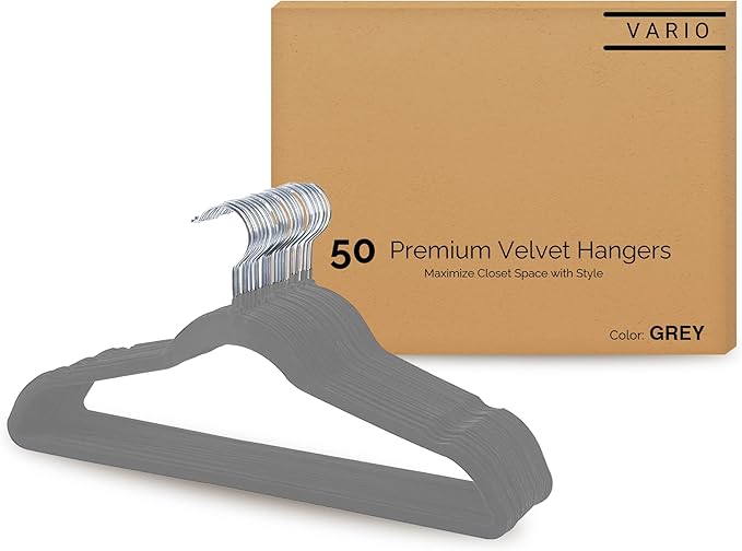 50-Pack Velvet Hangers – Heavy Duty, Non-Slip Clothes Hangers with Chrome Hooks | Slim & Space-Saving Design for Coats, Suits & Plus Size Tops (Grey)
