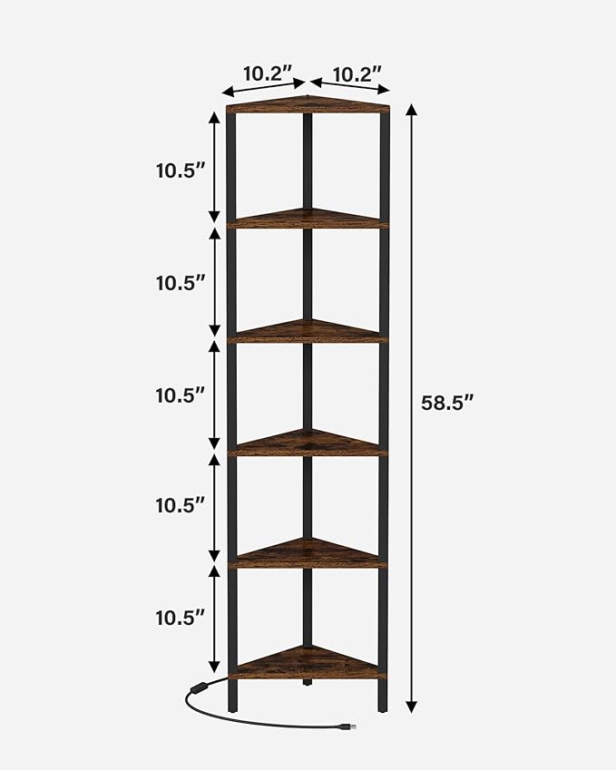 TUTOTAK Corner Shelf with LED Light, 6-Tier Corner Bookshelf for Small Space, Narrow Display Corner Shelf Stand with Storage Rack, for Living Room, Bedroom, Rustic Brown BS05BB006L