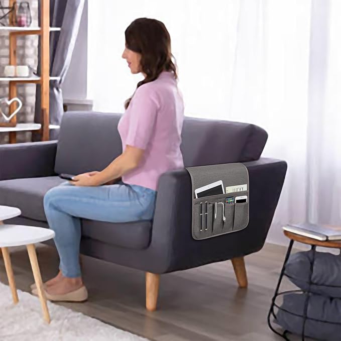 NB Sofa Armrest Organize remote holder bedside caddy organizer with 5 pockets，non-slip couch remote control holder couch armchair caddy accessories (Dark Grey, 35"x12.4")