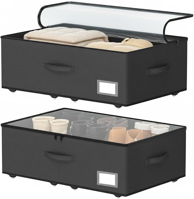 EE-RoomWorld Underbed Storage With Wheels, No Assemble Required 12 inches Height Under bed Storage Bins,Large Capacity Rolling Shoe Storage Containers，Dorm clothes Storage
