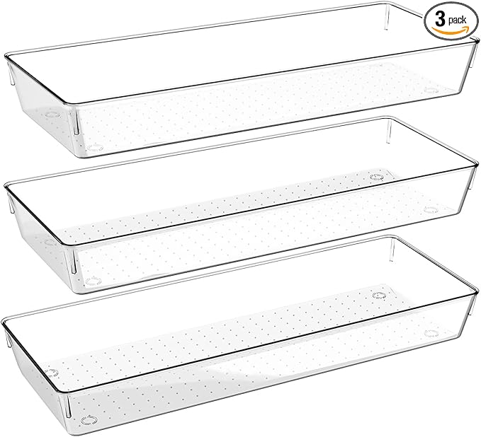 3 Pcs Large Clear Drawer Organizer Set, 15" X 6" Desk Drawer Organizers Trays with Non-Slip Silicone Pads, Storage Bins for Makeup, Office, Kitchen Gadgets Utensils, Bedroom, Tools, Bathroom