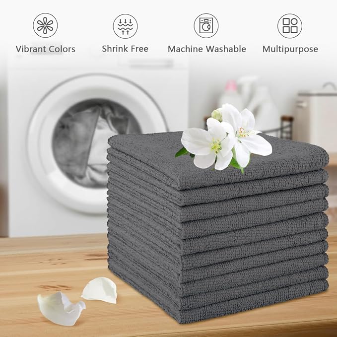 Orighty Washcloths Towels Set 10 Pack, Highly Absorbent and Soft Feel Microfiber Face Cloths, Multi-Purpose Wash Cloths & Hand Towels for Bathroom, Hotel, Spa, and Gym, 11.5x11.5 Inch, Grey