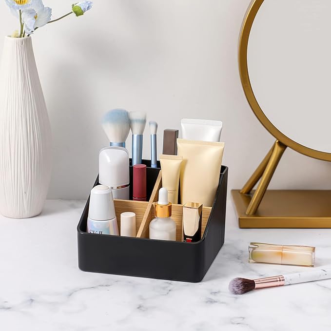 Toothbrush Holder for Bathrooms, 5 Slots Tooth Brush Holder with Detachable Bamboo Dividers, Countertop Organizer for Electric Toothbrushes, Toothpaste, Razors, Floss - Black