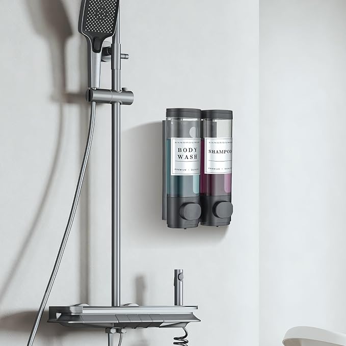Shower Soap Dispenser Wall Mounted No Drill Shampoo Dispenser for Shower Wall Shampoo and Conditioner Dispenser Bathroom Hotel 2 * 300ml Black with Waterproof Labels