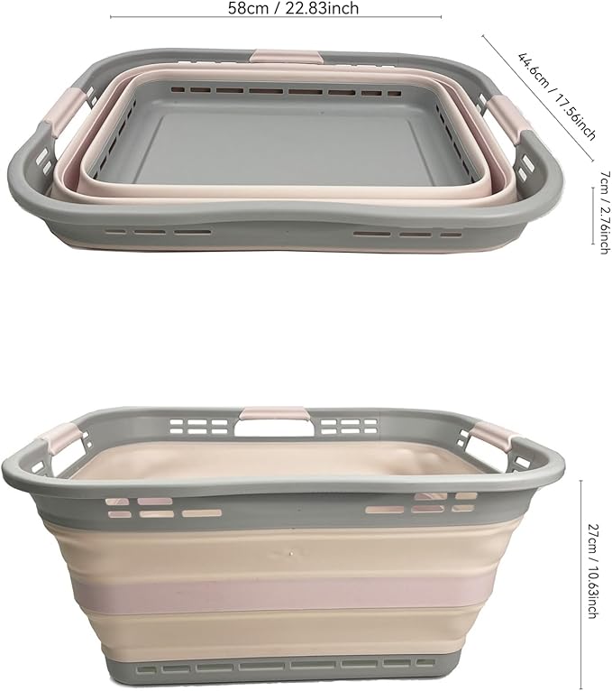 SAMMART 42L (11 Gallon) Collapsible Plastic Storage Basket - Foldable Pop Up Storage Container - Portable Laundry Organizer - Space Saving Hamper (Pink+Lake Green, 42L (Style A))