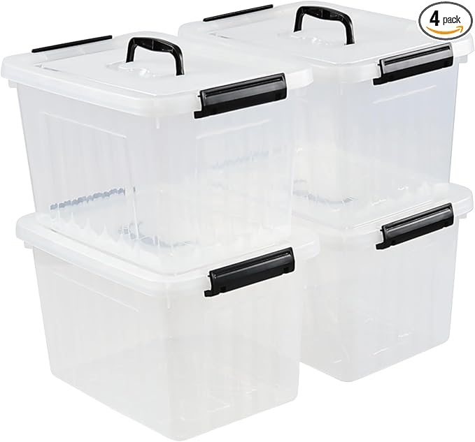 Ewingger 12 L Plastic Storage Bin with Lid, Clear Latching Storage Box, 4 Packs