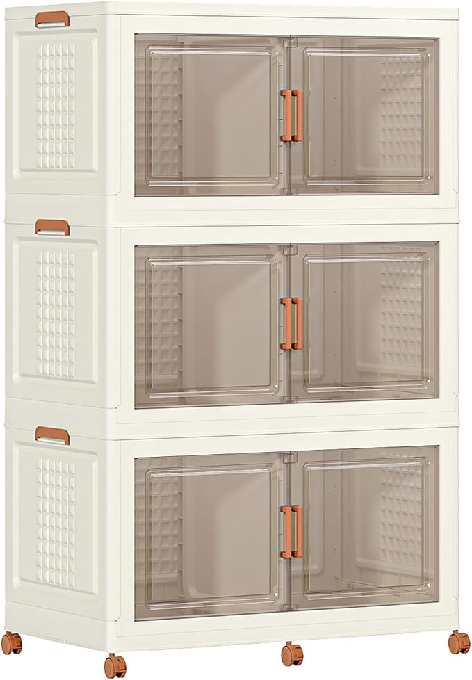 JEKO&JEKO 608Qt Large Foldable Storage Bins with Lids, Stackable Plastic Containers with Dividers & Wheels for Home, Garage & Office, 3-Pack, Cream