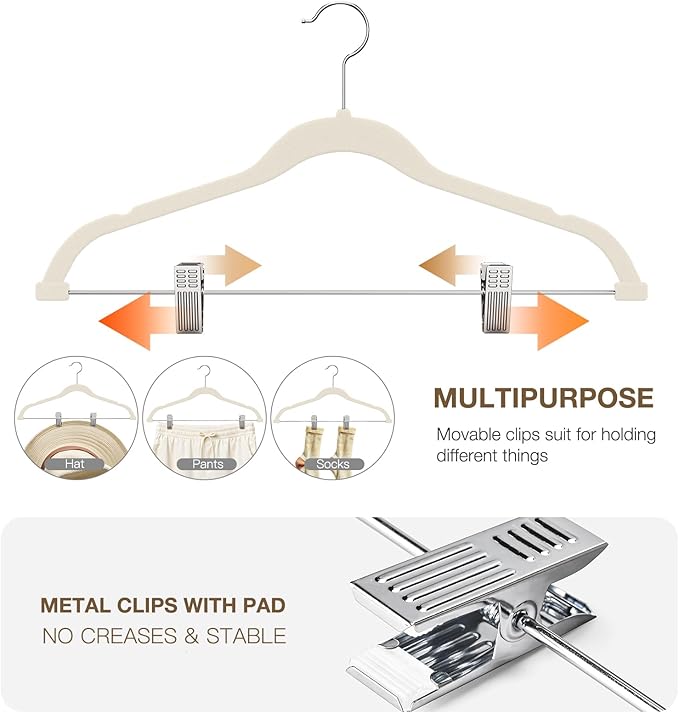 Korpai 24-Pack Beige Velvet Hangers with Clips Adjustable,Adult Hangers,Outfit Hangers,Heavy-Duty,Non-Slip,Space Saving, Felt Hanger for Pants, Skirts, Suits,Coats, Dresses ect.