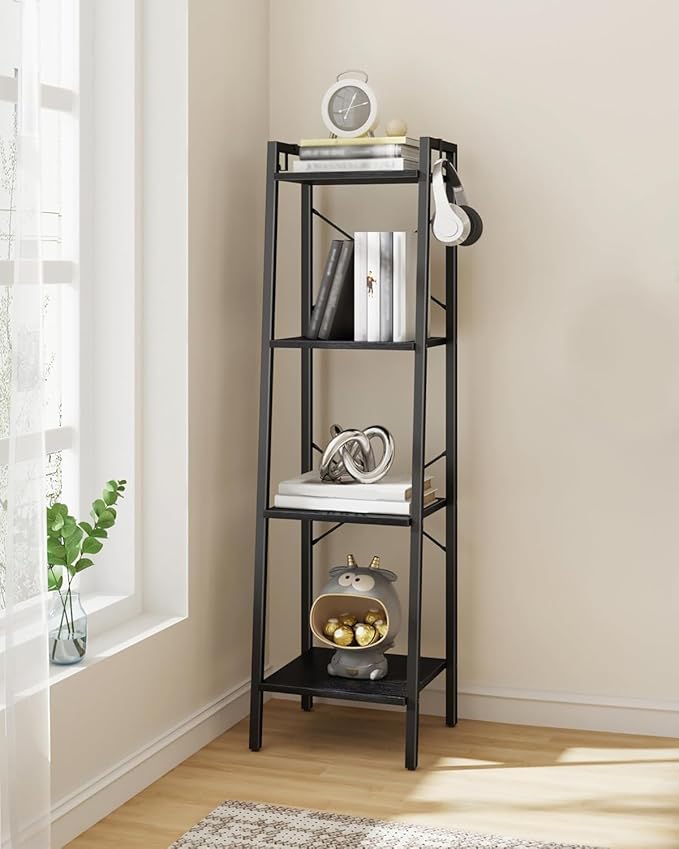 Ladder Shelf, Bookshelf Bookcase, Freestanding Corner Storage Shelve with 2 Hooks for Home Office, Living Room, Kitchen, Bedroom, Industrial, 11.8" D x 13.4" W x 47.2" H, Black BC13204B