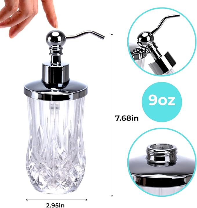 9Oz Clear Glass Soap Dispenser with Zinc Alloy Pump,Lead-Free Thick-Cut Glass,Countertop Soap Dispensers for Bathroom & Kitchen,Round