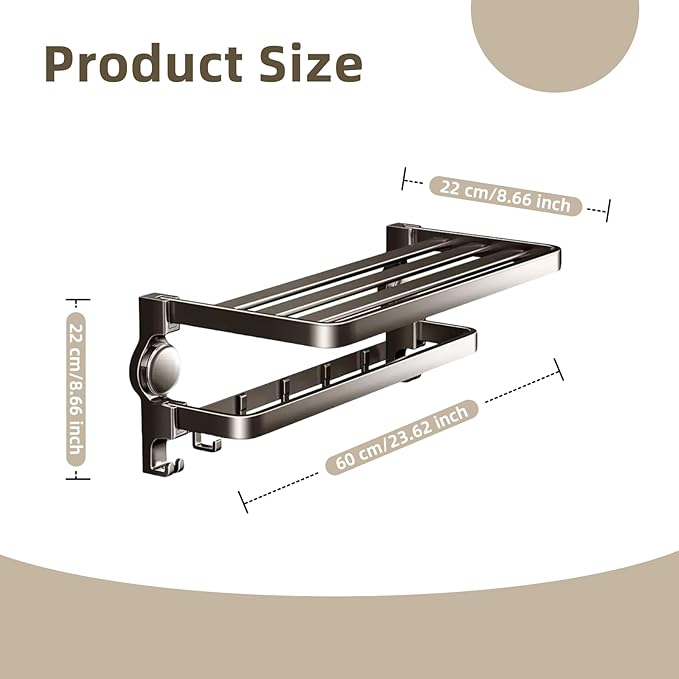 Aluminum Alloy Suction Cup Towel Rack, Bathroom Storage Shelf, No-Drill Mounting (Large)