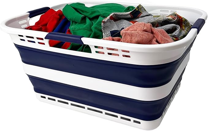 SAMMART Set of 2 Collapsible Plastic Storage Basket - Foldable Pop Up Storage Container - Portable Laundry Organizer - Space Saving Hamper (White/Starry Blue, 42L (Style A))