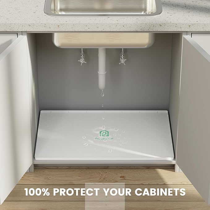 Under Sink Mat, 34" x 22" Silicone Kitchen Cabinet Tray, Waterproof & Flexible Under Sink Liner for Kitchen Bathroom and Laundry Room(White)