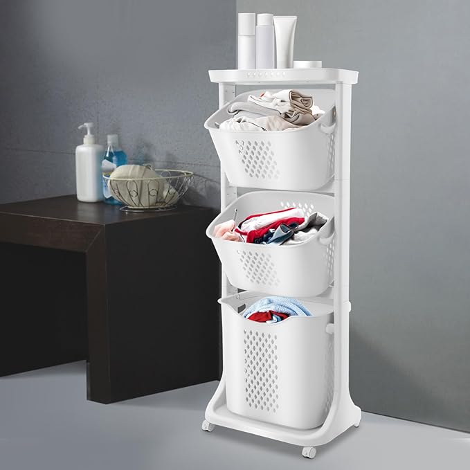 3 Tier Laundry Hamper Vertical Rolling Plastic Laundry Sorter with Wheels Detachable Laundry Basket Portable Clothes Hamper Storage Basket for Bathroom Laundry Room Bedroom