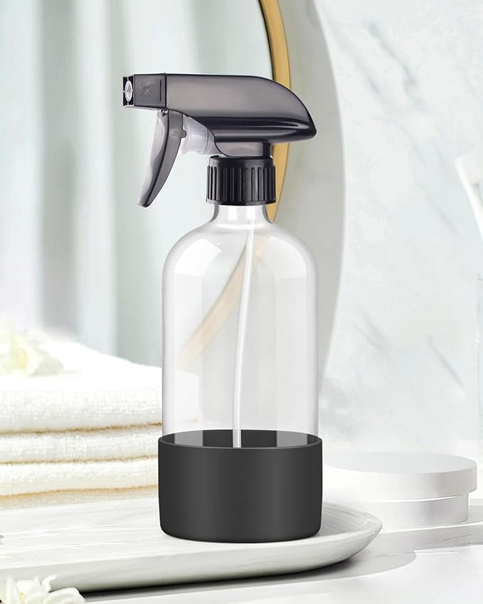 Glass Spray Bottles with Silicone Sleeve Protection, Empty 16OZ Reusable Spray Bottles, Refillable Containers with Spray Nozzles for Cleaning Solutions, Plants and Essential Oils 1 Pack Black