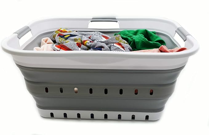 SAMMART 42L (11 gallon) Collapsible Plastic Laundry Basket - Foldable Pop Up Storage Container/Organizer - Portable Basket - Space Saving Hamper/Basket (2, White/Grey)
