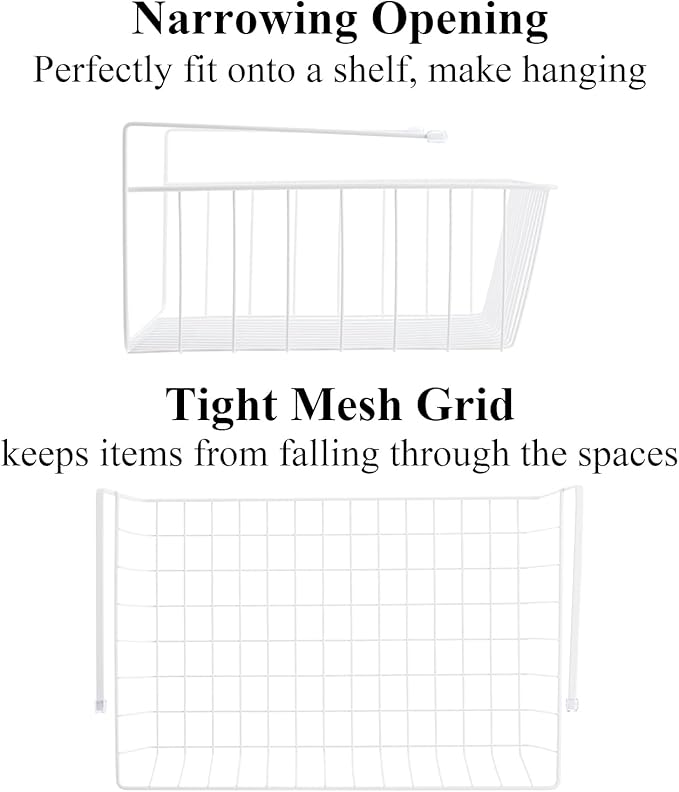 Tebery 4 Pack White Under Shelf Wire Basket Hanging Storage Baskets, Under Cabinet Add-on Storage Racks Slide-in Baskets Organizer for Kitchen Pantry Desk Bookshelf
