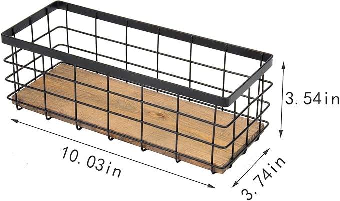 TIEYIPIN Farmhouse Small Metal Wire Storage Basket Bin, Rustic Home Storage Organizer with Wooden Bottom for Kitchen, Cabinets, Bathroom Counter, Pantry, Garage, Laundry Room - Black (2 Pack)