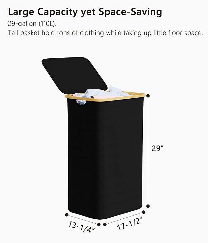 SUOCO Laundry Basket with Lid, 29 Gal (110L) Clothes Hamper with Bamboo Handles, Large Foldable Laundry Hamper for Bedroom, Bathroom, Dorm, Laundry Room - Black
