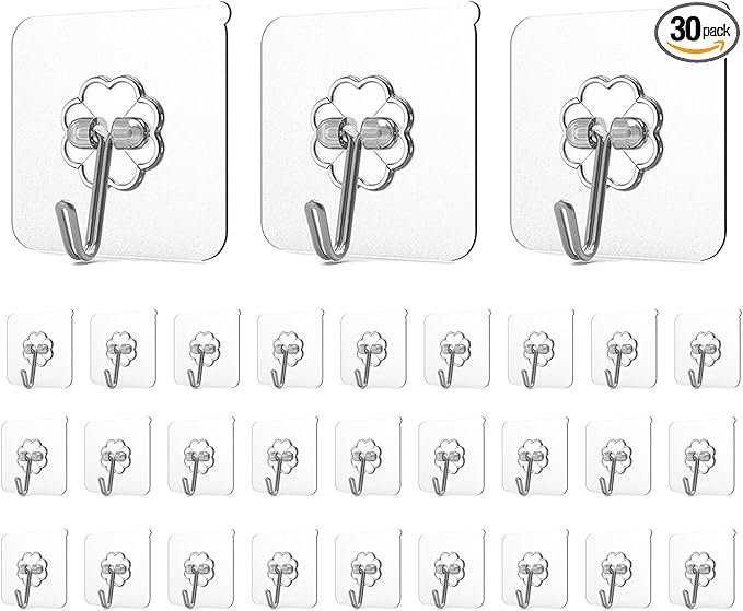 Adove Heavy Duty Wall Hooks, 30 Pack Transparent Stainless Steel & PVC Hooks, 22lb Max Capacity, Easy Install & Remove, Thickened Version