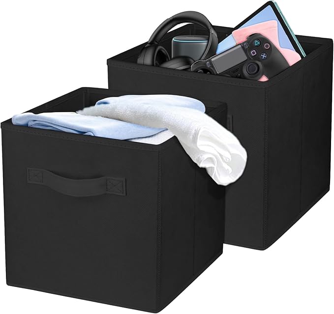 2 Pcs Storage Cubes, 10.5 Inch Collapsible Storage Bins, Fabric Foldable Bins for Organization, Durable Storage Bins for Closet, Shelves, Offices (Black)