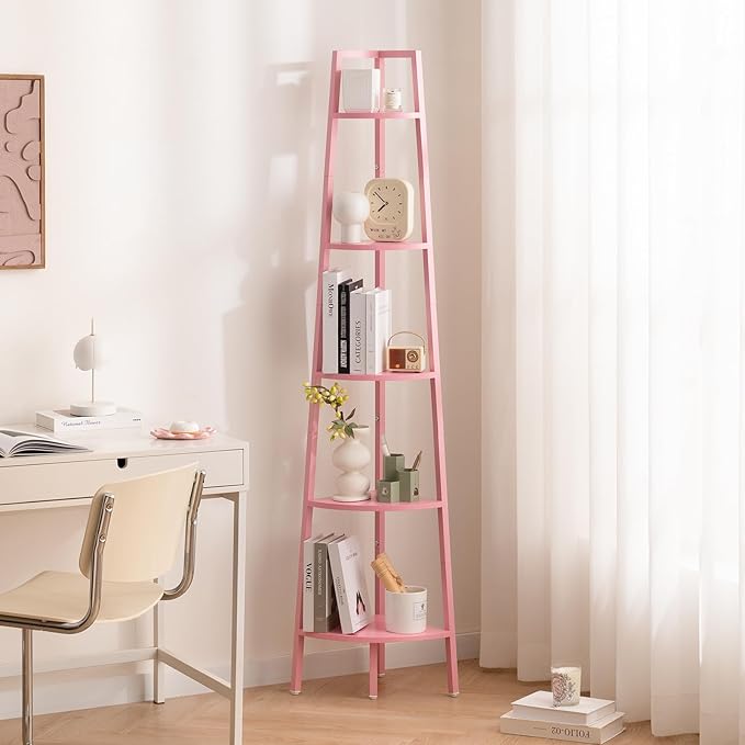 Yoobure Corner Shelf, 5-Tier Corner Bookshelf with Metal Frame, Ladder Corner Shelves Display Shelf for Bedroom Living Room, Tall Corner Bookcase Corner Plant Stand, Wood Small Corner Shelf Stand Home