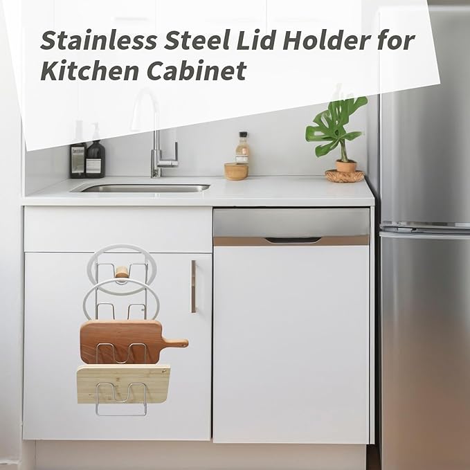 4 Tier Lid Organizer - No Drilling Wall Mounted Pot Cover Rack - Stainless Steel Lid Holder for Kitchen Cabinet