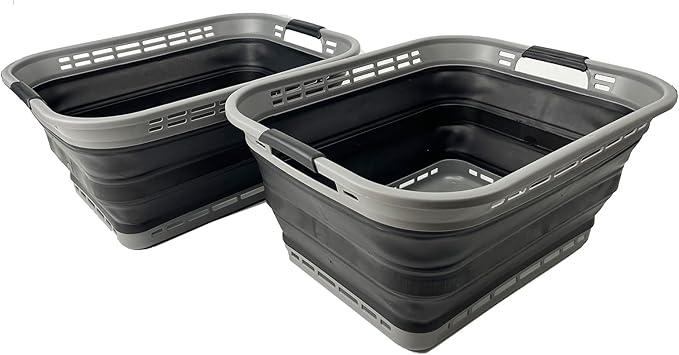 SAMMART 42L (11 Gallons) Collapsible Plastic Laundry Basket - Foldable Pop Up Storage Container/Organizer - Portable Washing Tub - Space Saving Hamper/Basket [BPA Free] (Grey/Black (Set of 2))