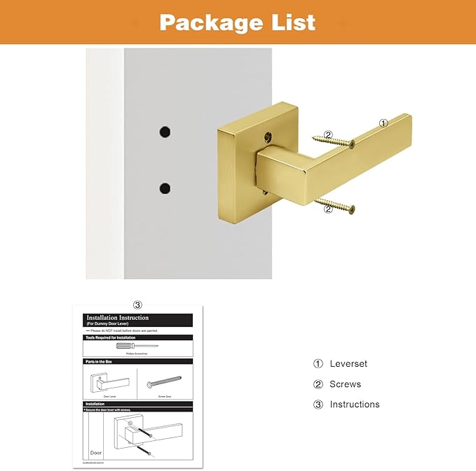 Probrico Brushed Gold Dummy Door Handle Interior Door Levers Square Single Non-Turning Satin Brass Door Handles Hardware for French Door, 4 Pack
