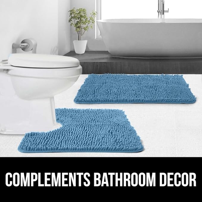 GORILLA GRIP Plush Absorbent Shaggy Chenille Bath Rug Mat for Oval Toilet Base with Rubber Backing, Machine Washable Rugs, Soft Microfiber Contour Mats for Toilets, Bathroom Decor, Blue