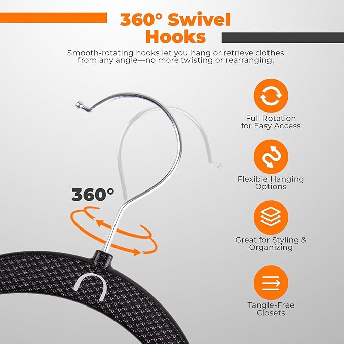 Plastic Hangers 50 Pack, Cascading Slim Space Saving Clothing Hangers with 360° Rotating Hook, Non Slip Clothes Hangers for Sweater Shirt, Heavy Duty Coat Hanger with Inner Hook for Closet, Black