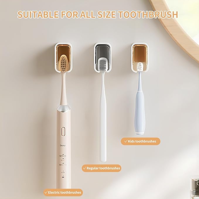 Wall Mounted Toothbrush Holders for Bathroom, 2 Pcs Strong Self Adhesive Tooth Brush Holder with Cover, Toothbrush Heads Organizer for Family, Brown
