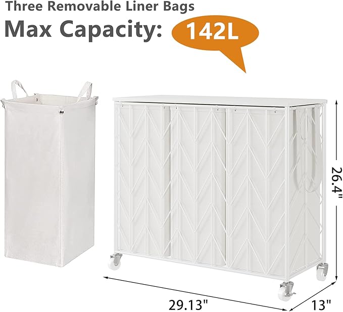 WOWLIVE Laundry Basket with Wheels, 142L Laundry Hamper 3 Section with Lid, Dirty Clothes Hamper with Removable Bags, Large Capacity Iron-Made Laundry Basket Organizer Laundry Sorter for Dorm, White