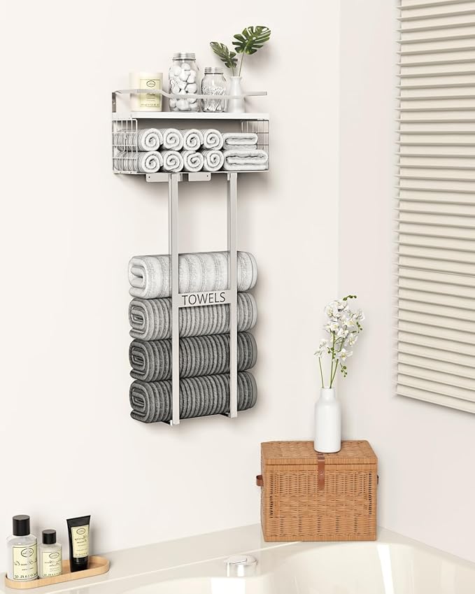Towel Racks for Bathroom - Wall Mounted Metal Rack with Wood Plank, Bathroom Storage Organizer, Towel Holder Stores 6 Large Rolled Towels Easily, Silver with White Plank