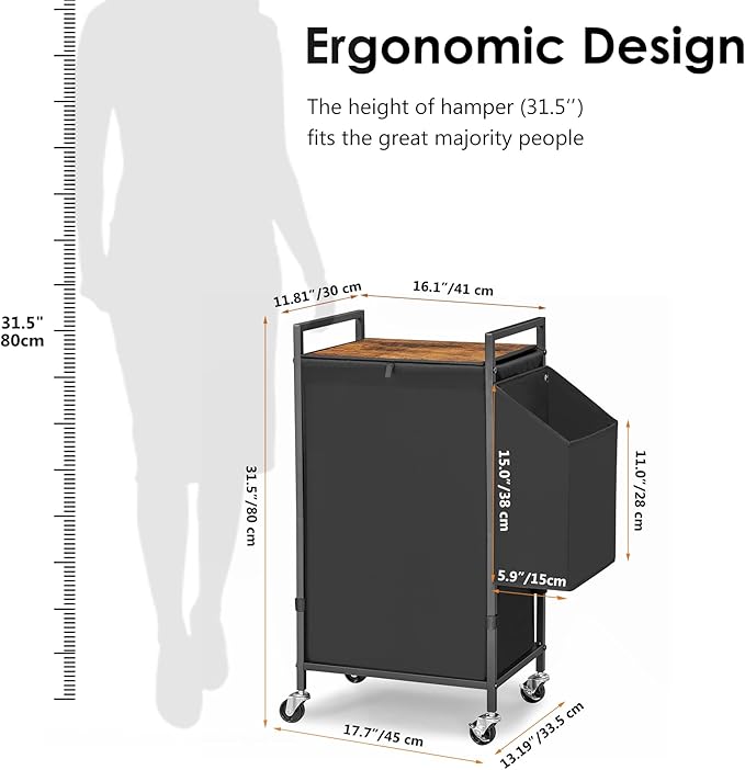 Laundry Hamper with Rustic Brown Lid & Wheels; 96L Large Rolling Laundry Basket with Removable Oxford Liner Bag; Tall Freestanding Dirty Clothes Hamper with Side Pocket; Metal Frame Laundry Cart