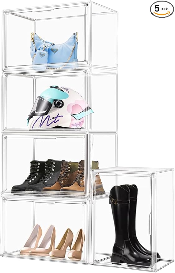 5 Pack XXX-Large Acrylic Handbag Organizer 17.7''x13''x13'' Tall Boots Storage Organizer Clear Big Display Case with Dustproof Magnetic Lid Stackable Plastic Box for Shoes, Helmet, Boots, Figures