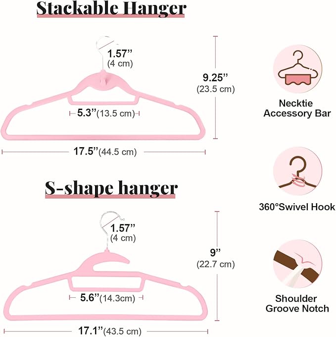 Velvet Hangers 50 Pack, S-Shaped and Stackable Non Slip with 360°Swivel Hook, Ultra Thin and Space Saving Flocked, for Suits, Shirts, Coats, 15Lbs Capacity Heavy Duty, Pink
