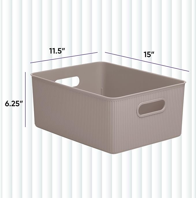 Decorative Plastic Basket Open Home Storage Bins Organizer, Large Taupe (4 Pack) Container Boxes for Organizing Closet Storage Bins for Shelves Drawer Shelf - Ribbed Collection 15 Liter/16 Quart
