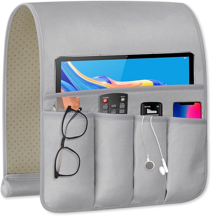 WETRBWEH Remote Control Holder for Armchair, Couch Caddy Organizer TV Remote Holder for Bed Storage 5 Pockets, Remote Caddy Bedside Organizer Bedside Table Organizer (LightGray, 35"x12.4")