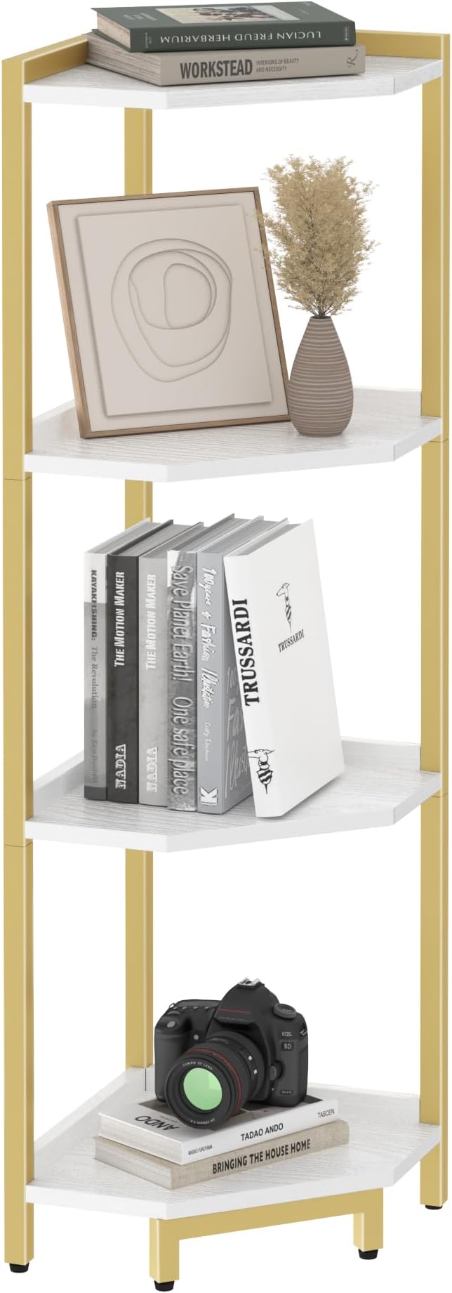 Corner Shelf Stand, Corner Bookshelf, Storage Standing Shelf Unit with Metal Frame, Plant Stand, Bookcase for Living Room, Home Office, Bedroom, 4-Tier White Gold CS05803A