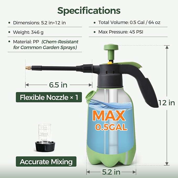 T4U 1/2 Gallon Pump Sprayer with Flexible Adjustable Nozzle, PP Hand Pump Pressure Sprayer with Built-in Measuring Cup for Home Garden Plant Care and Household Cleaning, Indoor & Outdoor Use