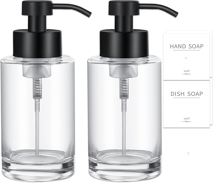 Foaming Soap Dispenser Set, 12 Oz Glass Hand Soap Dispenser with 304 Rust Proof Stainless Steel Pump, Waterproof Labels, for Bathroom Decor Kitchen College Dorm, Clear Black Pump 2 Pack