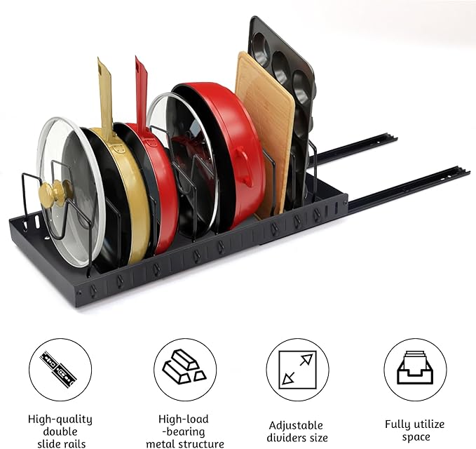 XIAPIA Pull Out Pots and Pans Organizer Under Kitchen Cabinet, Pot Lid Organizers, Slide Out Cookware Storage Rack with 8 Adjustable Dividers, Pull Out Shelves for Dishware Seasoning, (Black, 2 Pack)