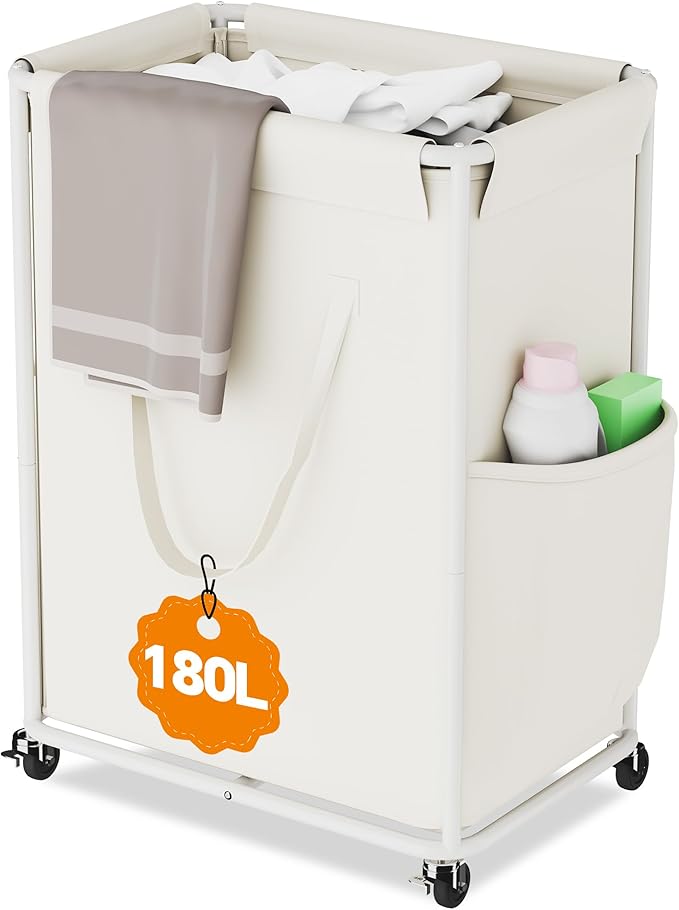 Homeiju 180L Large Laundry Hamper with Wheels, Rolling Laundry Basket with Metal Frame and Removable Bag Design, Dirty Clothes Laundry Cart for Bathroom, Dorm Room, Laundry Room, White