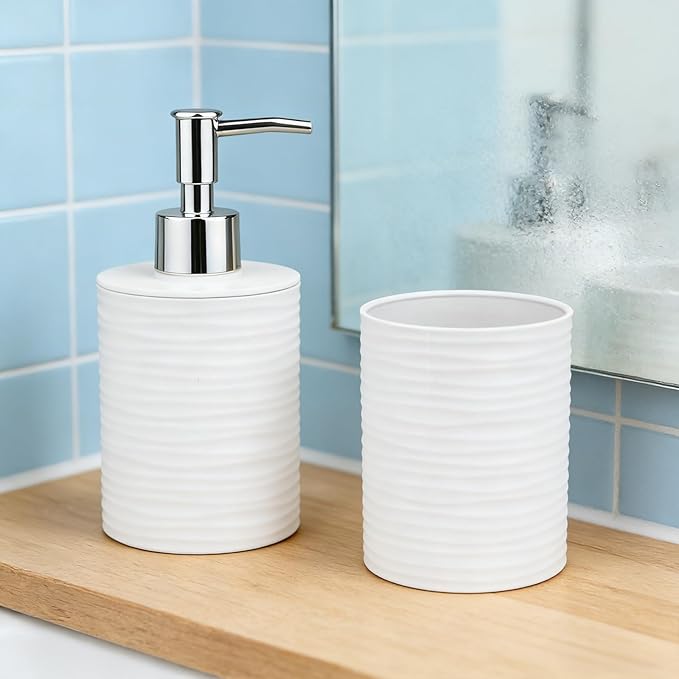 Bathroom Accessories Set, 2-Piece White Soap Dispenser & Toothbrush Holder with Ripple Texture & Rust-Proof Pump, Modern Matte Organization