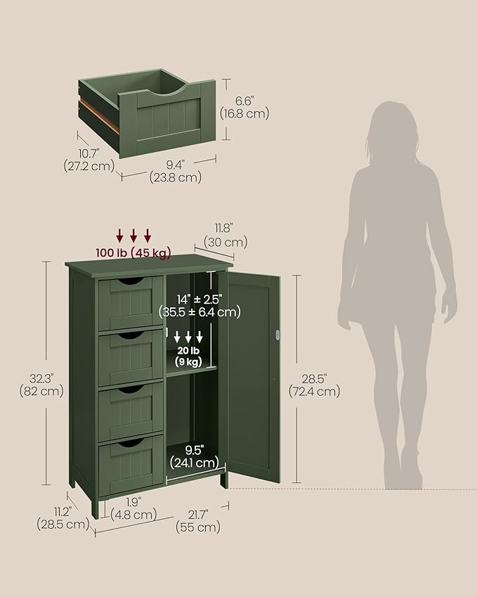 VASAGLE Storage Cabinet with Drawers, Freestanding Floor Cabinet with Door, 11.8 x 21.7 x 32.3 Inches, Adjustable Shelf, for Bathroom, Living Room, Kitchen, Forest Green ULHC041CH01S