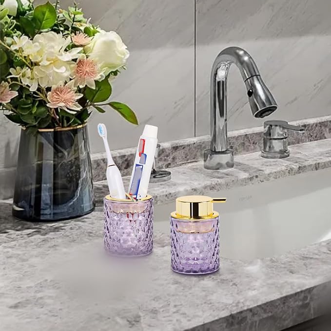 Bathroom Accessories 2 Piece Set Glass Soap Dispenser and Toothbrush Holder, 10oz Foaming Soap Dispenser, Purple Toothbrush and Toothpaste Holder Organizer Cup for Modern Bathroom Decor