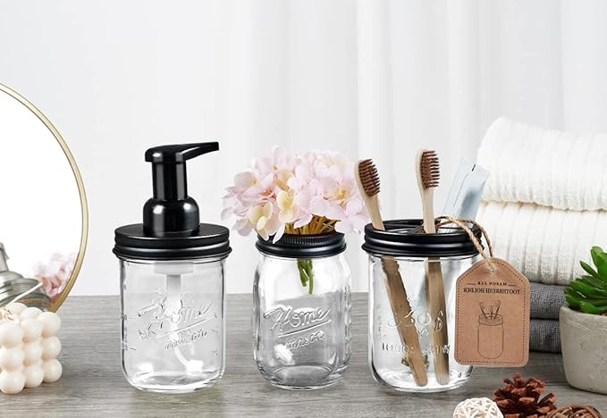SheeChung Mason Jar Toothbrush Holders, Bathroom Accessories, Bathroom Essentials, Bathroom Organizers and Storage, Bathroom Countertop Organizer, Glass Toothbrush Holders for Bathroom-Black