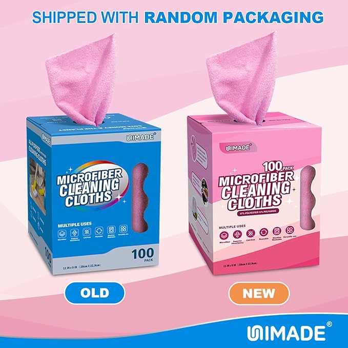 Microfiber Cleaning Cloth, 100 Sheets Microfiber Towels for Cars Commercial Grade Shop Towel Washcloths Lint-Free Bulk Cleaning Rags for Mechanic Restaurant Garage Housekeeping, 11"x 9", Pink